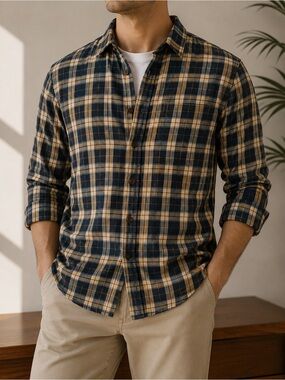 Being Human Men’s Navy & Tan Plaid Long Sleeve Button-Down Shirt – Size 2XL